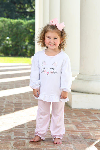 Trotter Street Kids Girls Pink Kitten Face Ruffle Pants Set