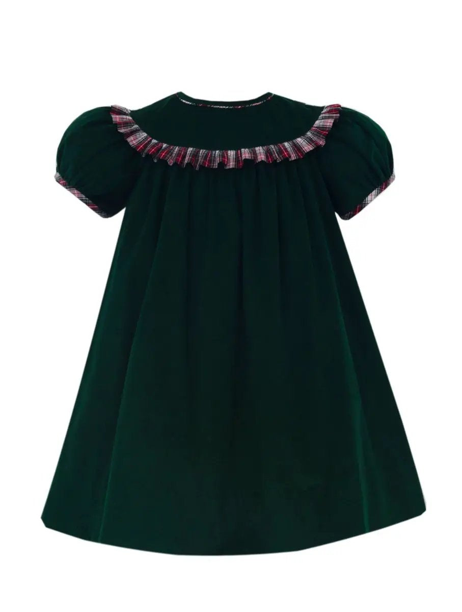 Claire & Charlie Girls Green Corduroy Float Short Sleeve Dress with Red & White Plaid Ruffle
