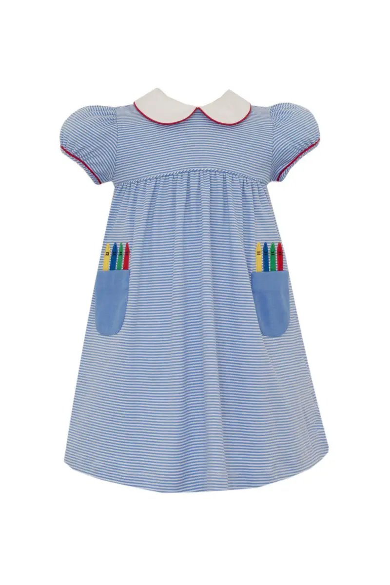 Claire & Charlie Girls Periwinkle Blue Stripe Knit Dress with Crayon Applique Pockets