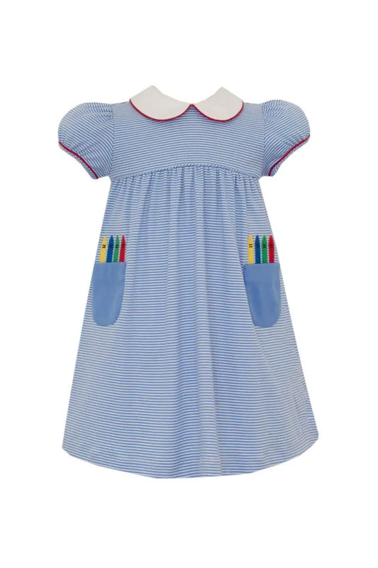 Claire & Charlie Girls Periwinkle Blue Stripe Knit Dress with Crayon Applique Pockets