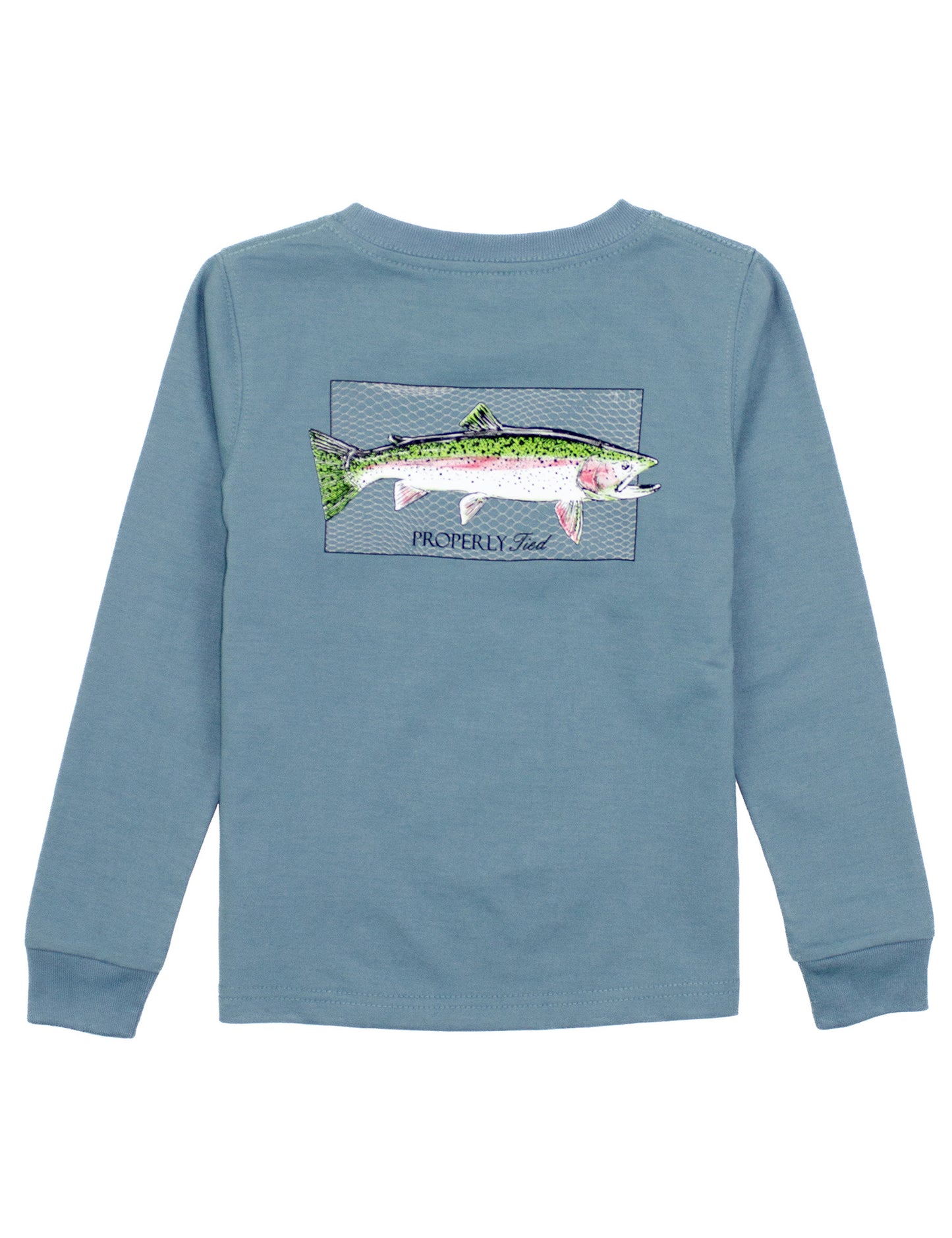 Properly Tied Boys Graphic T-Shirt - Long Sleeves - Rainbow Trout Fish on Blue by Properly Tied