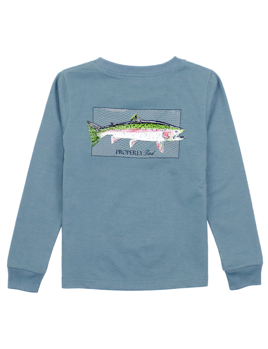 Properly Tied Boys Graphic T-Shirt - Long Sleeves - Rainbow Trout Fish on Blue by Properly Tied