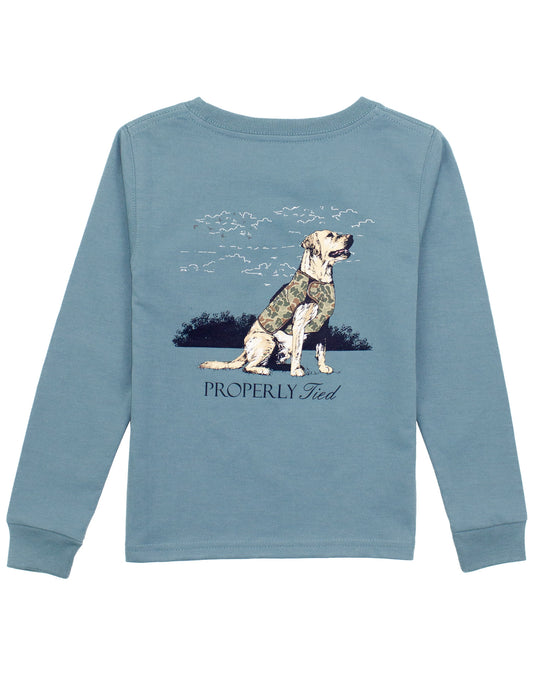 Properly Tied Boys Long Sleeved Shirt - Dog Wearing Camo Vest on Steel Blue