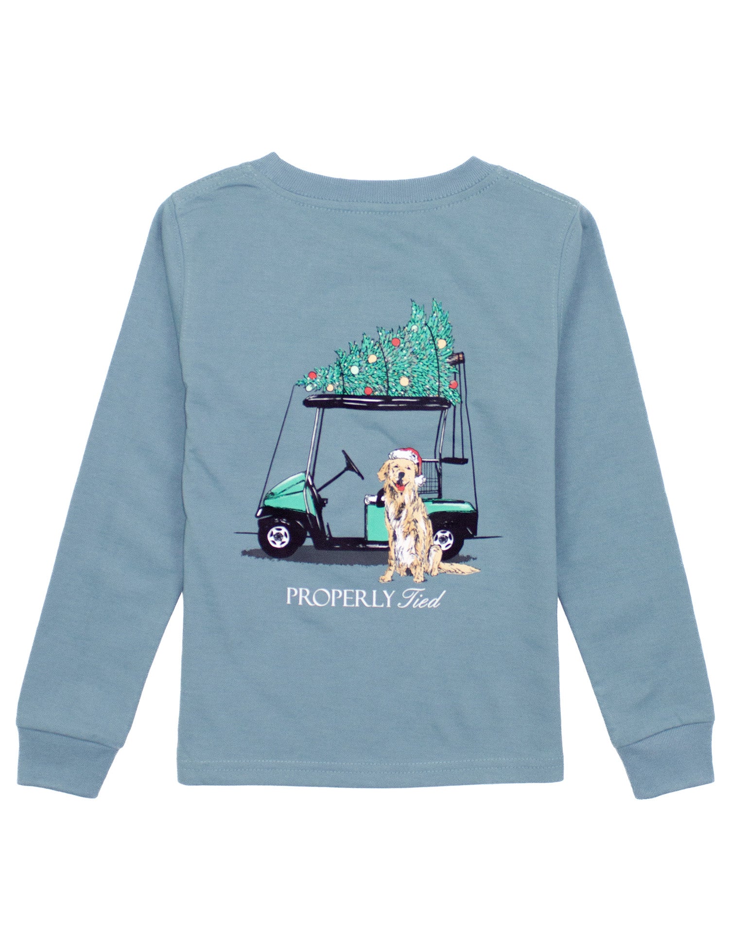 Properly Tied Boys Graphic Tee Shirt - Santa's Golf Cart Caddy Dog on Steel Blue