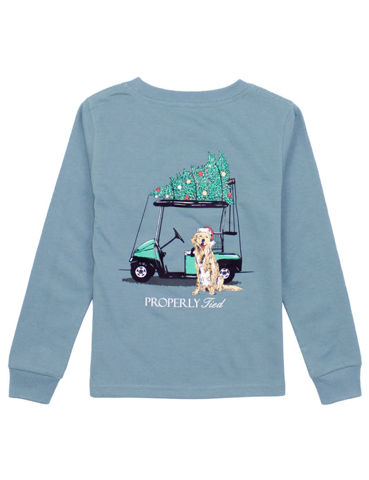 Properly Tied Boys Graphic Tee Shirt - Santa's Golf Cart Caddy Dog on Steel Blue by Properly Tied