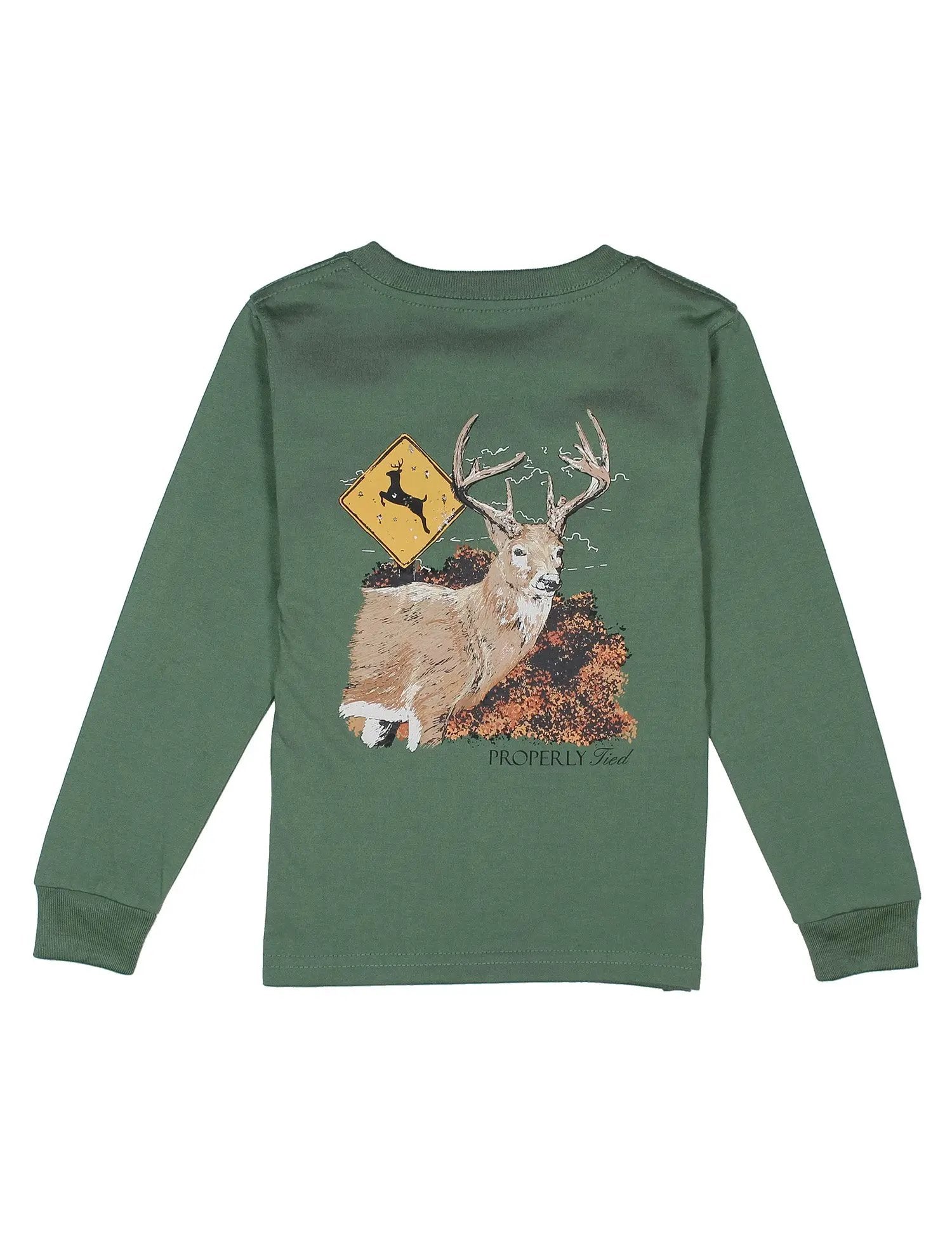 Properly Tied Boys Long Sleeved Shirt - Deer Crossing on Fern Green