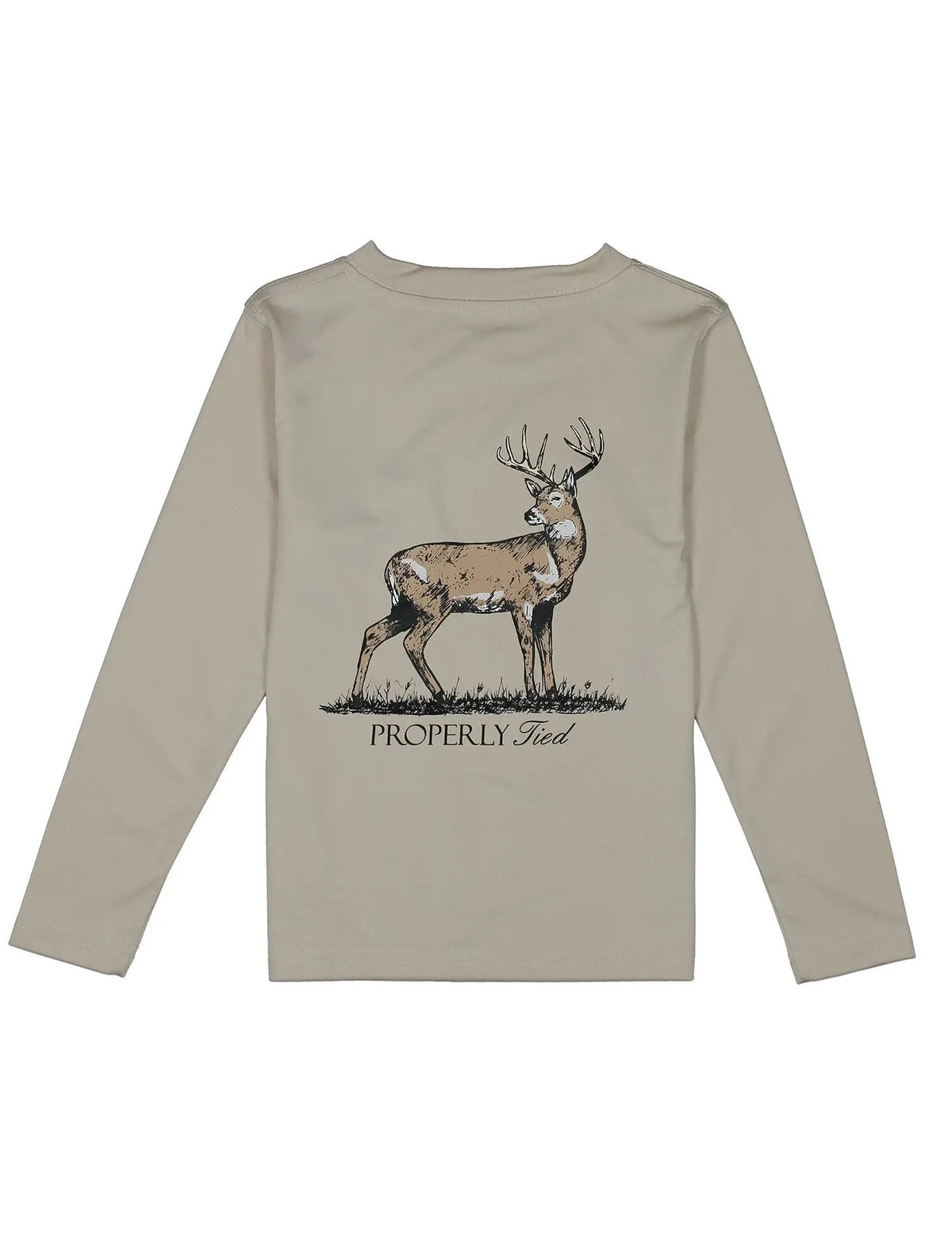 Properly Tied Boys Performance Tee Shirt - Whitetail Deer on Tan Linen