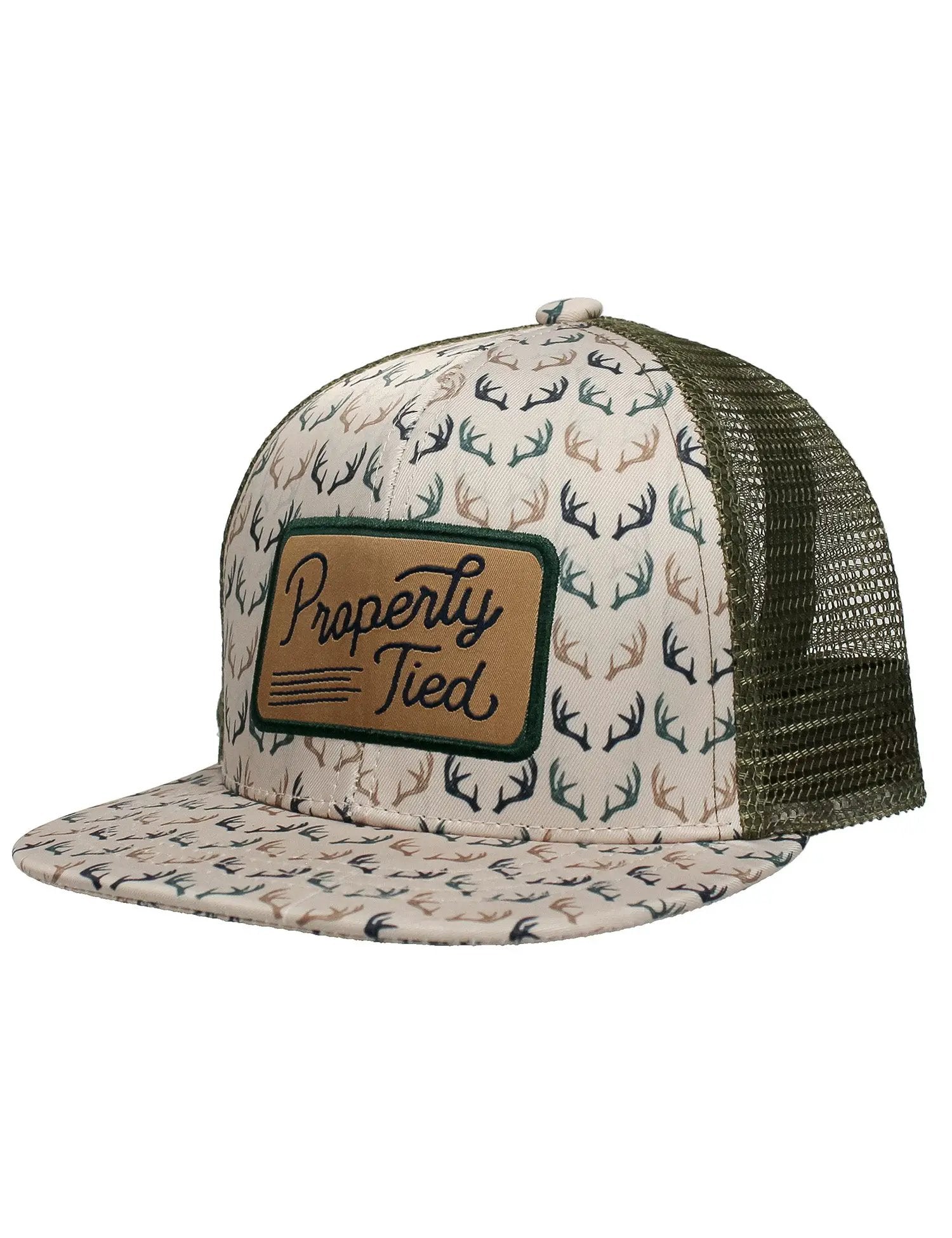 Properly Tied Boys Youth Trucker Hat - Beige with Deer Antlers