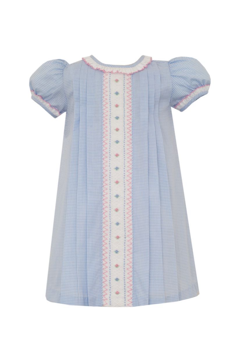 Anavini Couture Girls Blue Gingham Float Dress - Smocked Placket by Anavini