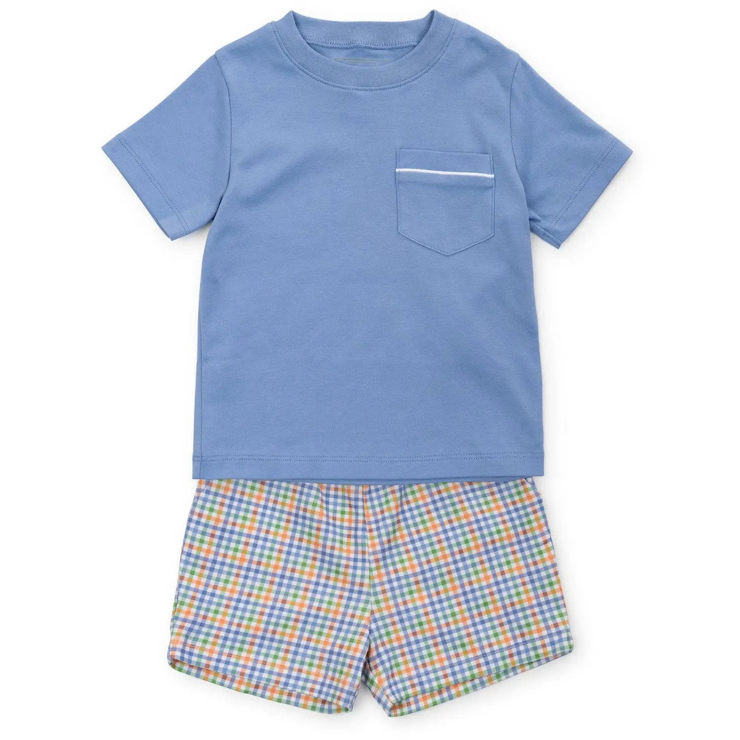 Lila & Hayes Boys Walker Shorts Set - Blue & Orange Harvest Gingham