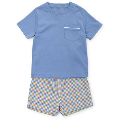 Lila & Hayes Boys Walker Shorts Set - Blue & Orange Harvest Gingham