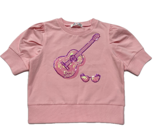 LuLu BeBe Girls Pink Puff Sleeve Sweatshirt Top - Sequins Guitar by LuLu BeBe
