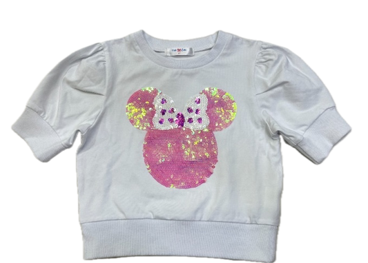LuLu BeBe Girls White Puff Sleeve Sweatshirt Top - Pink Sequins Minnie Mouse by LuLu BeBe
