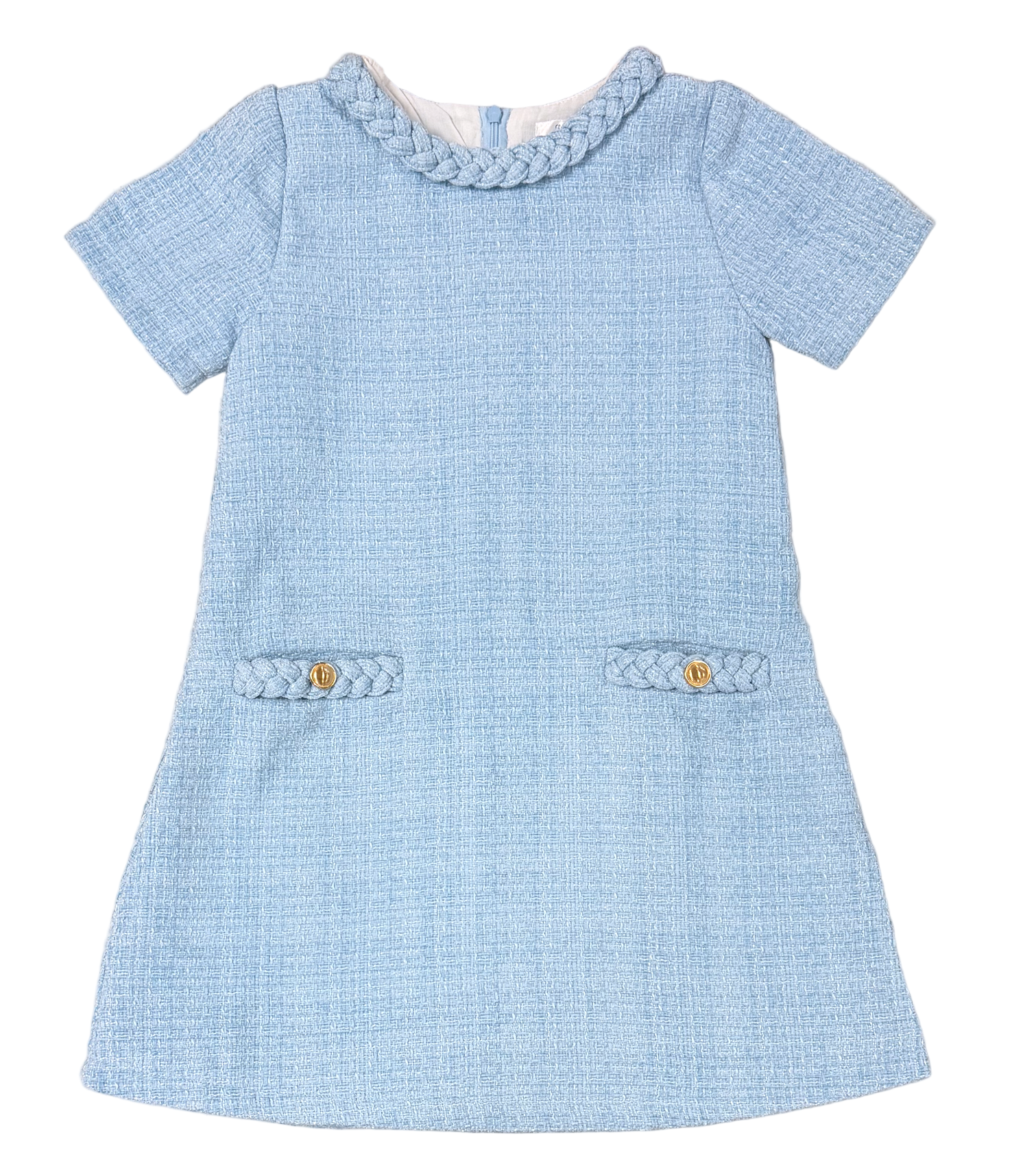 LuLu BeBe Girls Audrey Braided Tweed Dress - Cap Sleeves - Light Blue