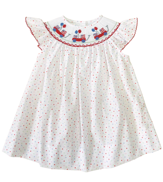LuLu BeBe Girls Emma Bishop Dress - Patriotic Dots Smocked Wagons with Flags & Balloons