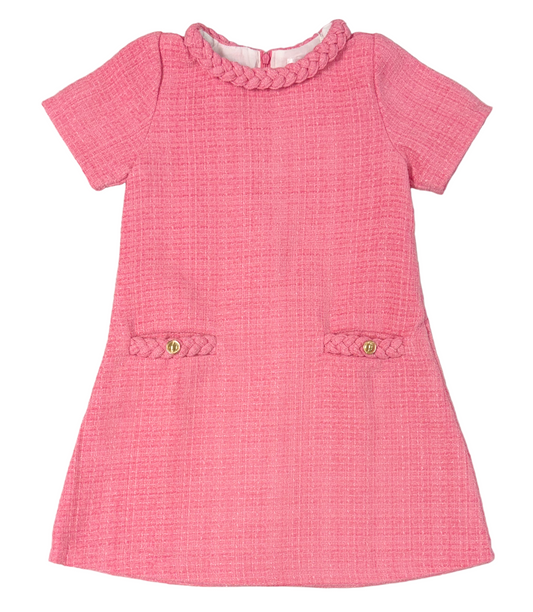 LuLu BeBe Girls Audrey Braided Tweed Dress - Cap Sleeves - Hot Pink by LuLu BeBe