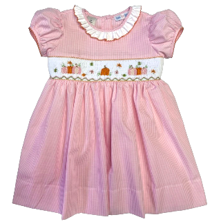 LuLu BeBe Girls Pink Rose Dress with Ruffle Collar - Smocked Harvest Pumpkins