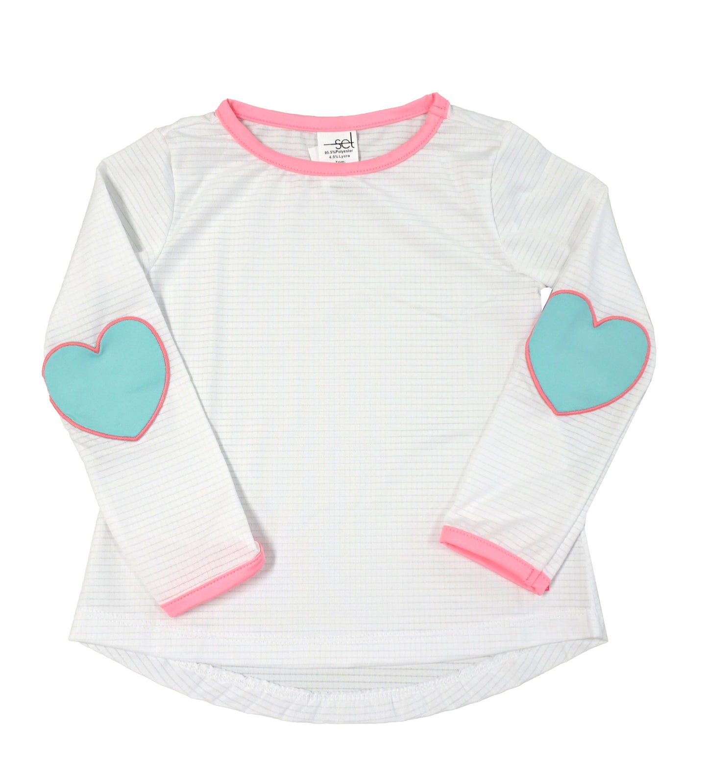 Lullaby Set Girls White Athleisure Top with Turquoise Hearts on Elbows by Lullaby Set