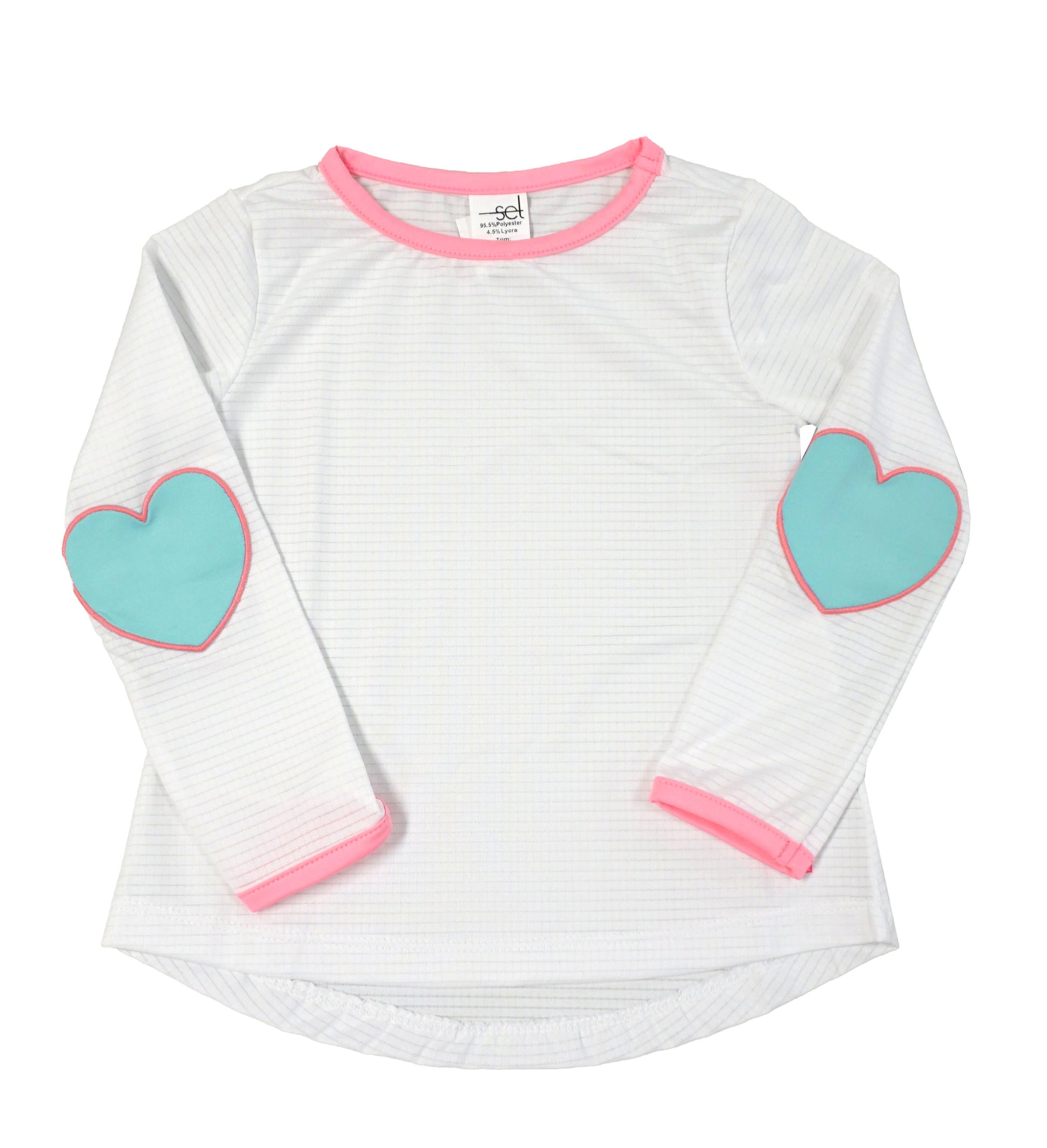 Lullaby Set Girls White Athleisure Top with Turquoise Hearts on Elbows