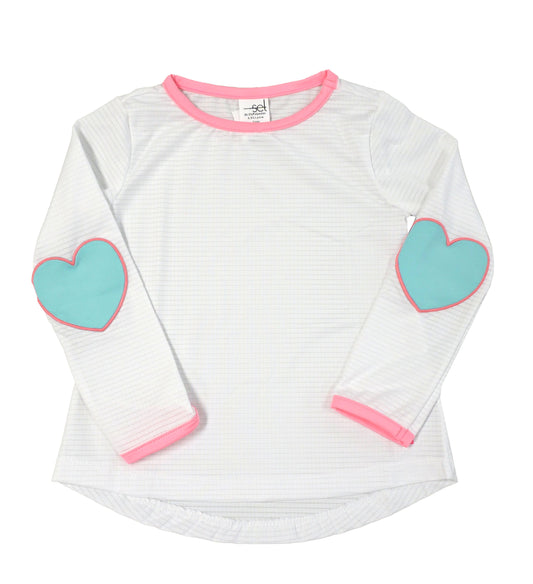 Lullaby Set Girls White Athleisure Top with Turquoise Hearts on Elbows by Lullaby Set
