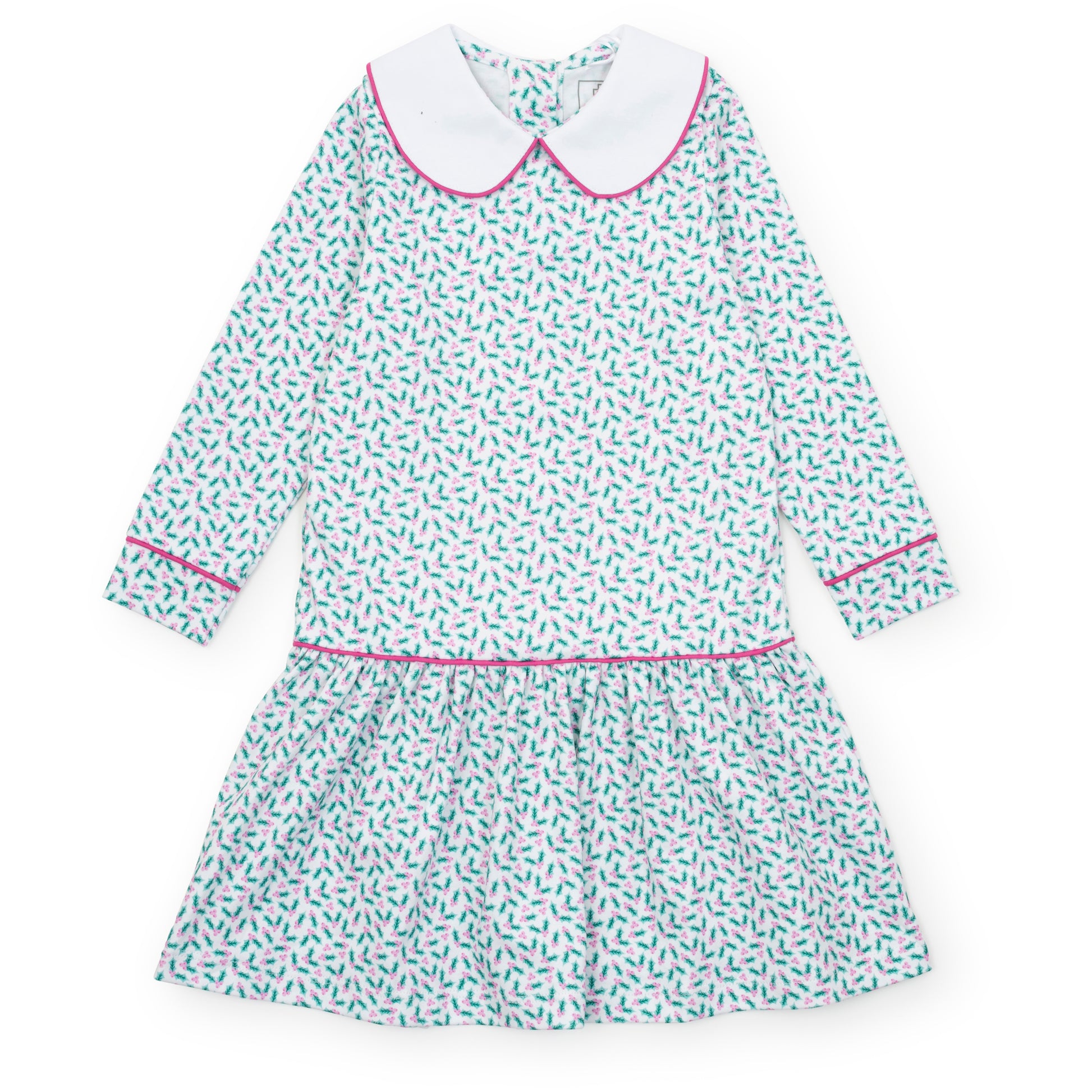 Lila & Hayes Girls Lillian Dress - Peter Pan Collar - Green Holly Holiday