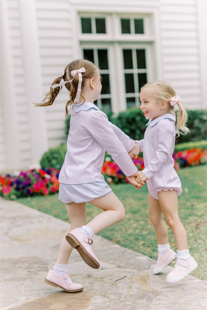 Proper Peony Pima Baby Girls Pink Stripe Bubble - Blue Scallop Collar