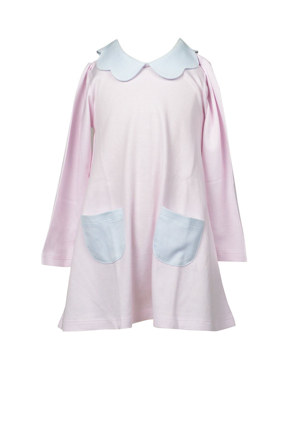 Proper Peony Pima Girls Pink Stripe A-Line Dress - Blue Scallop Collar