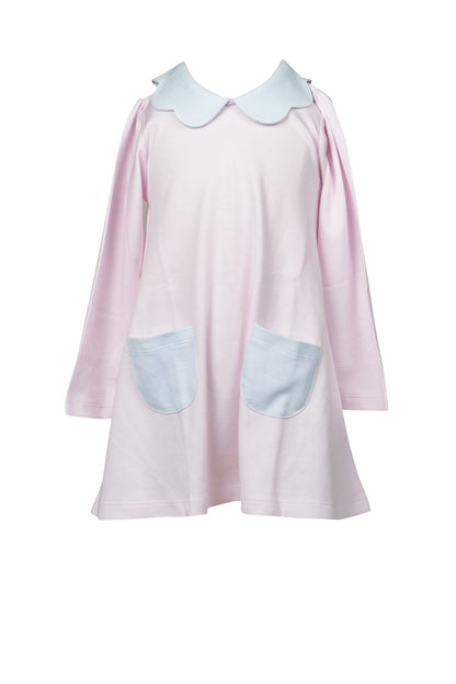 Proper Peony Pima Girls Pink Stripe A-Line Dress - Blue Scallop Collar