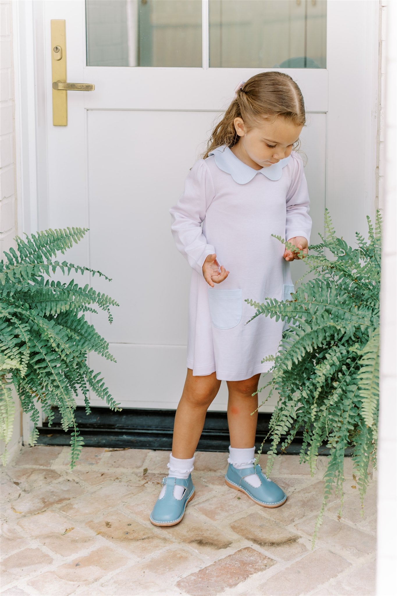 Proper Peony Pima Girls Pink Stripe A-Line Dress - Blue Scallop Collar