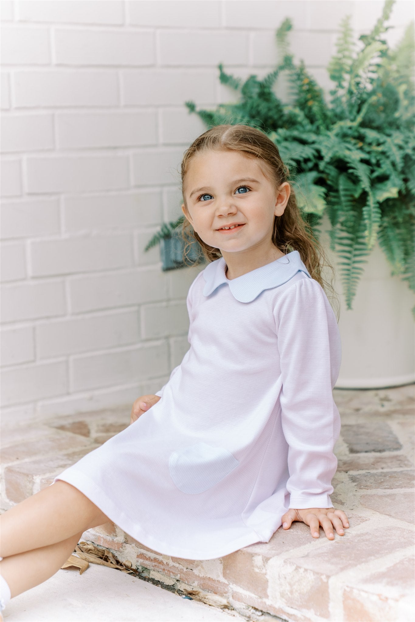 Proper Peony Pima Girls Pink Stripe A-Line Dress - Blue Scallop Collar