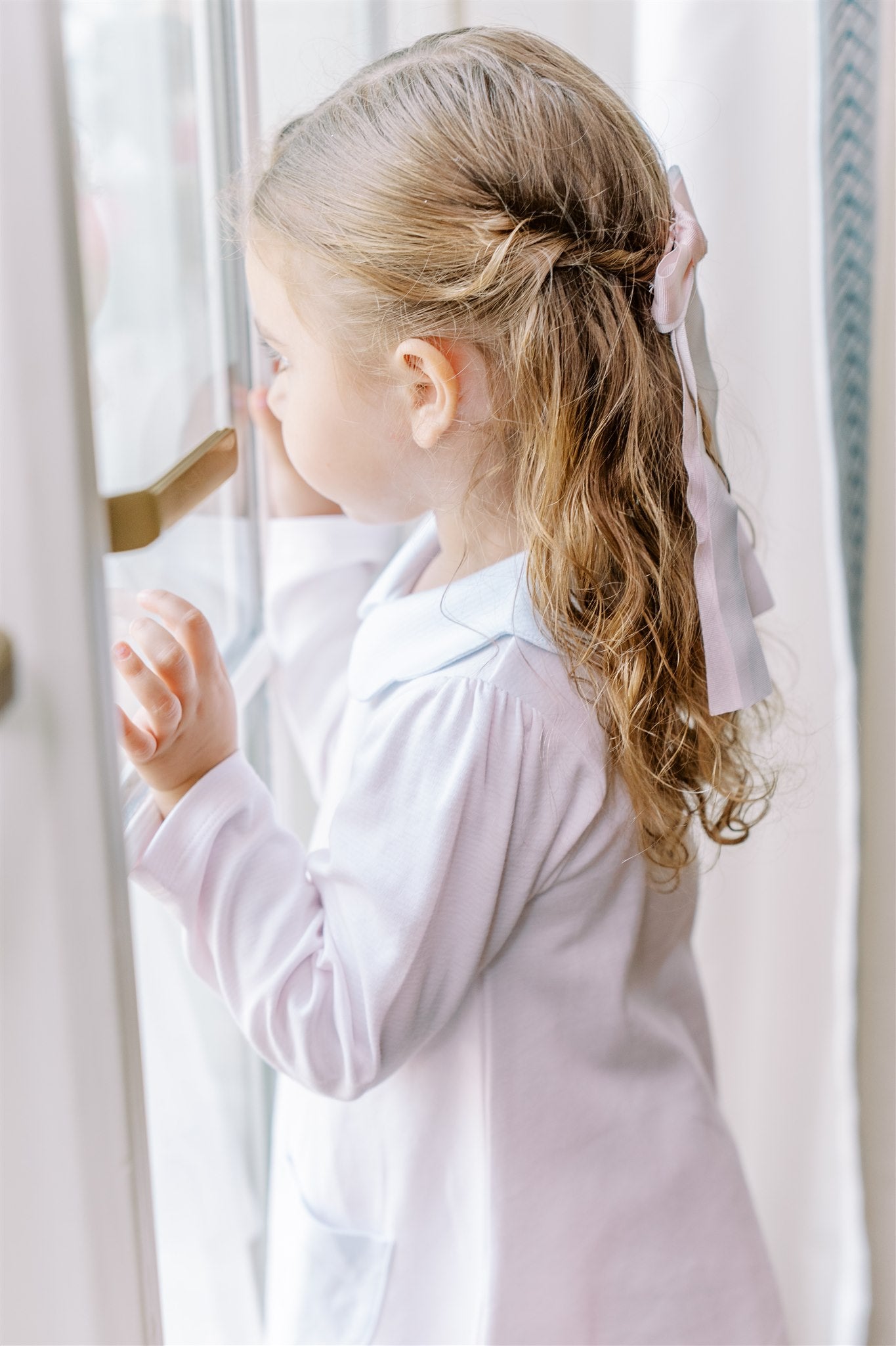 Proper Peony Pima Girls Pink Stripe A-Line Dress - Blue Scallop Collar