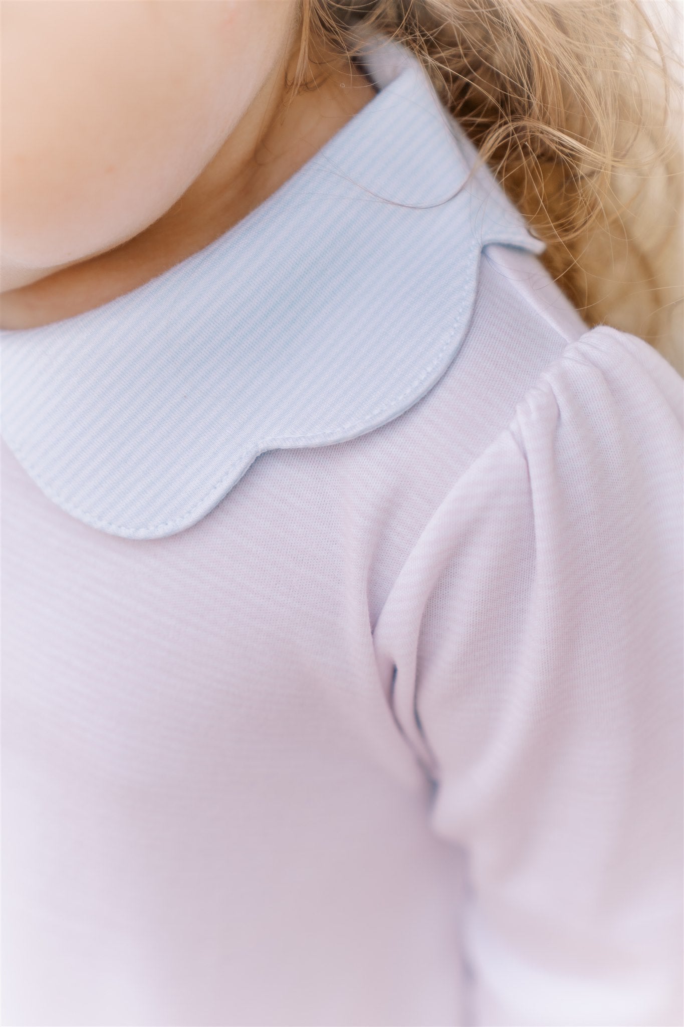 Proper Peony Pima Girls Pink Stripe A-Line Dress - Blue Scallop Collar