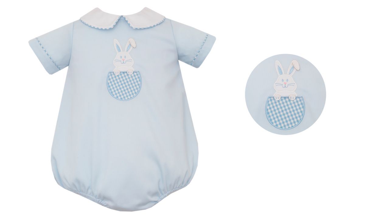 Claire & Charlie Boys Light Blue Pique Bubble with Easter Bunny