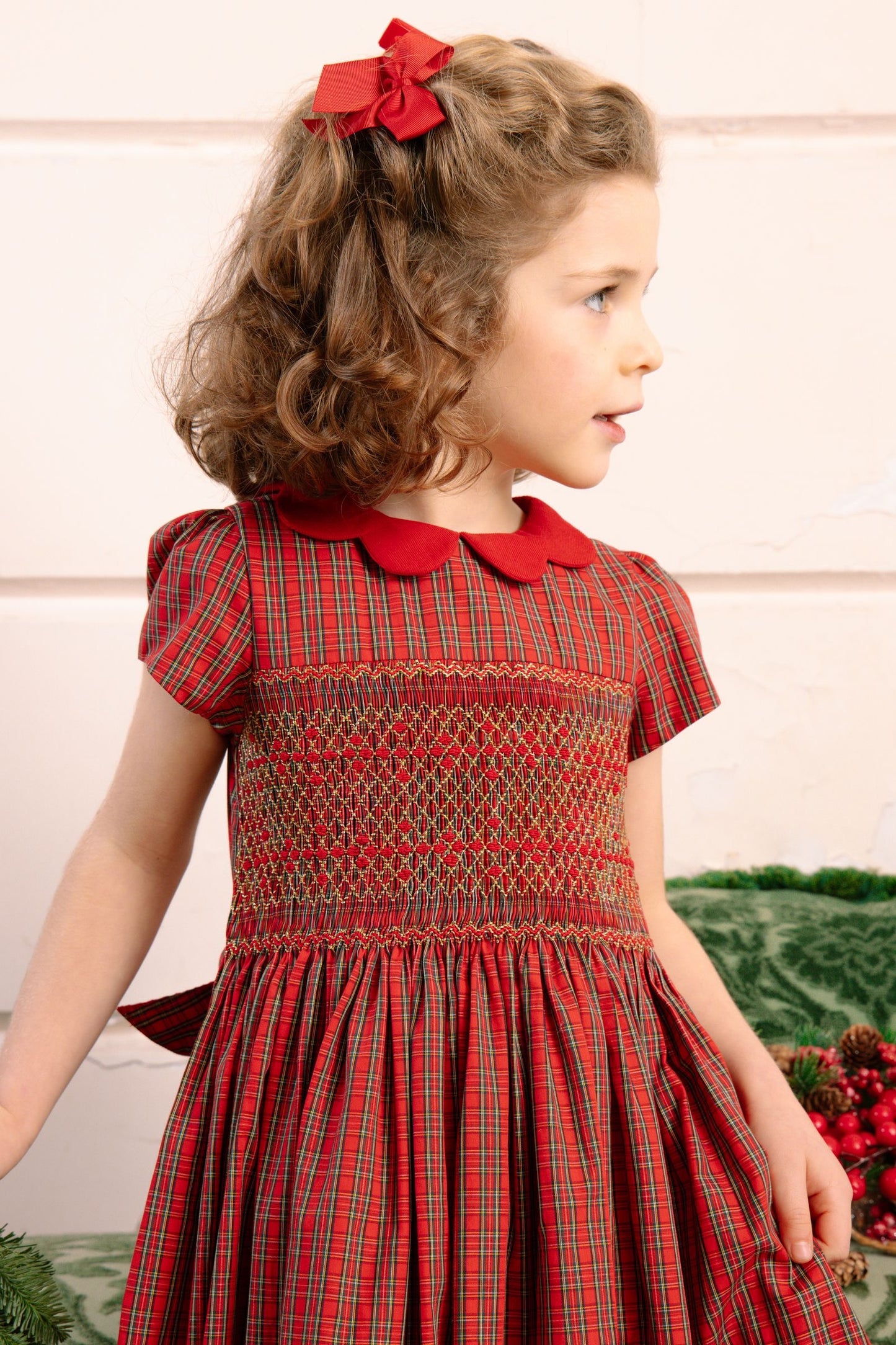Antoinette Paris Girls Red Holiday Plaid Smocked Marguerite Dress with Red Collar