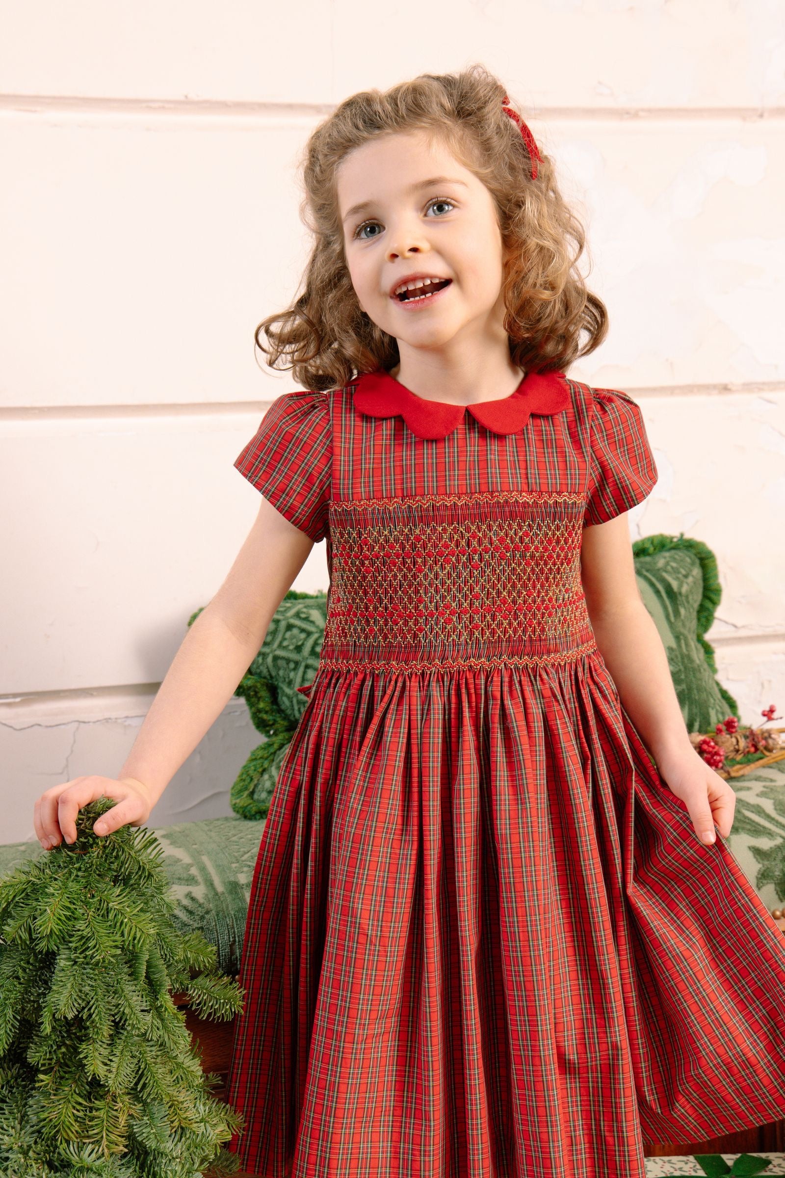 Antoinette Paris Girls Red Holiday Plaid Smocked Marguerite Dress with Red Collar