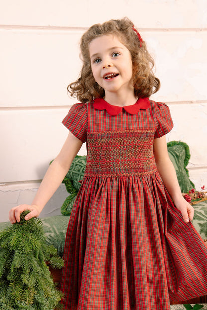 Antoinette Paris Girls Red Holiday Plaid Smocked Marguerite Dress with Red Collar