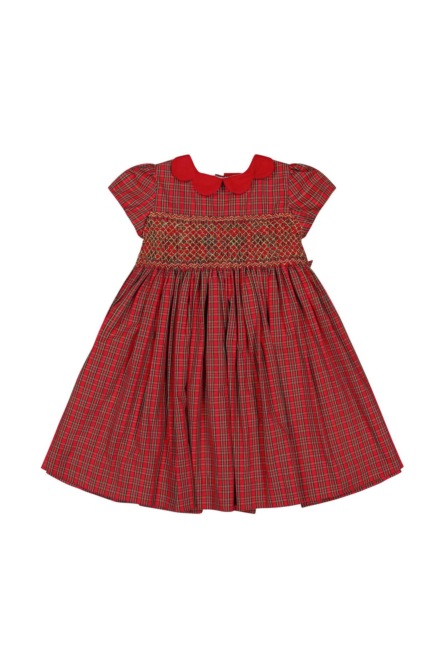 Antoinette Paris Girls Red Holiday Plaid Smocked Marguerite Dress with Red Collar