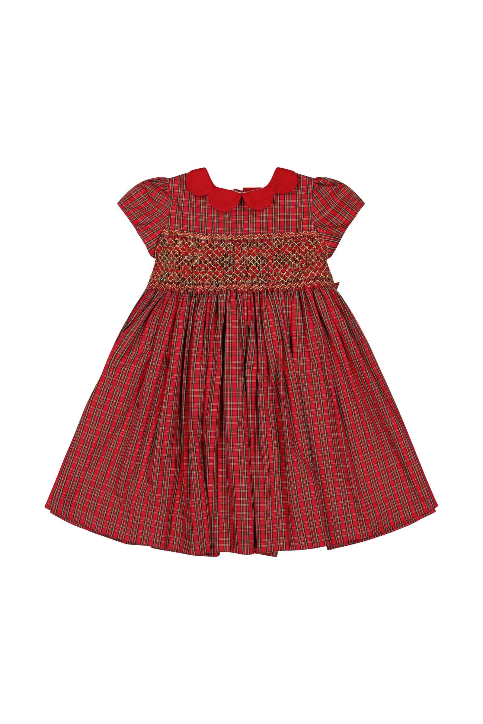 Antoinette Paris Girls Red Holiday Plaid Smocked Marguerite Dress with Red Collar