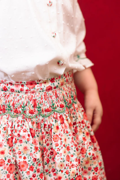 Antoinette Paris Girls Marie Red Floral Smocked Skirt with Blouse