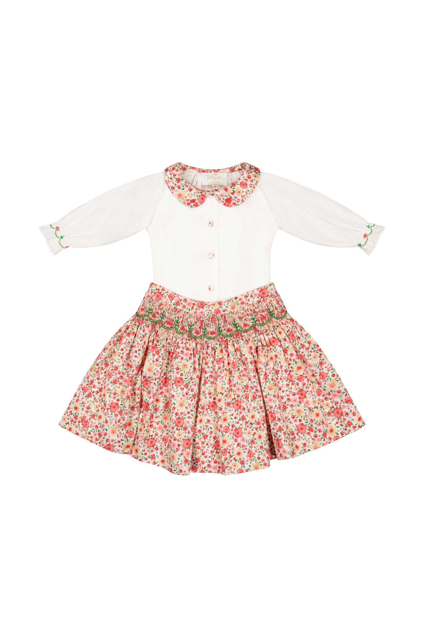 Antoinette Paris Girls Marie Red Floral Smocked Skirt with Blouse