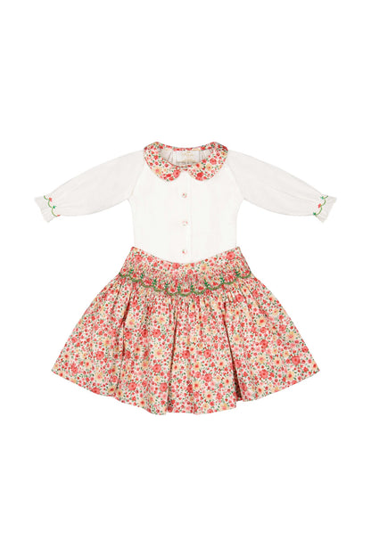 Antoinette Paris Girls Marie Red Floral Smocked Skirt with Blouse