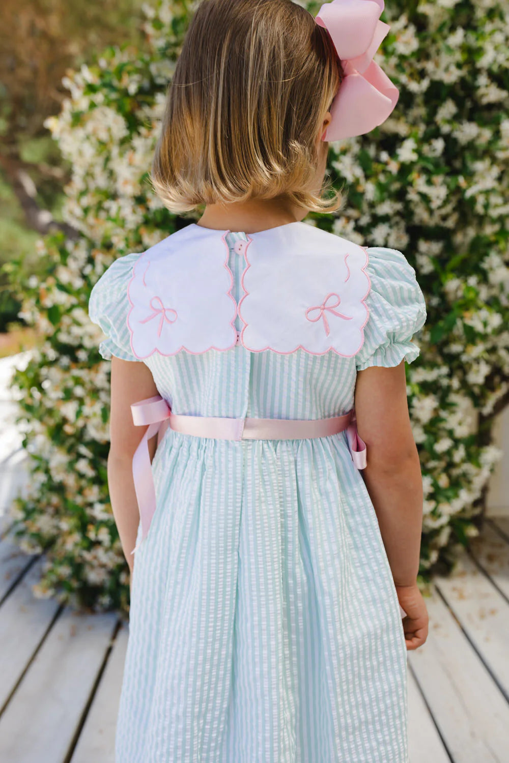 Sal & Pimenta Girls Mint Green Seersucker Dress - Embroidered Bows Collar - Pink Side Bows