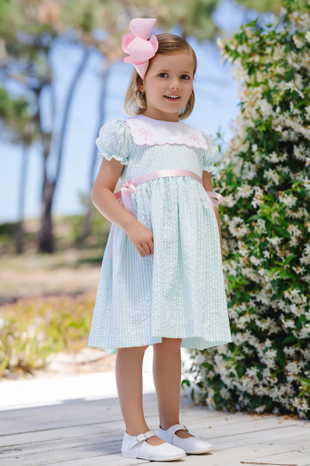 Sal & Pimenta Girls Mint Green Seersucker Dress - Embroidered Bows Collar - Pink Side Bows