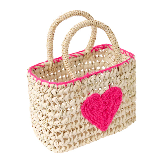 Rachel Riley London Girls Straw Mini Beach Bag - Pink Heart by Rachel Riley