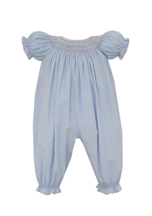 Petit Bebe Girls Light Blue Corduroy Smocked Long Romper - Short Sleeve