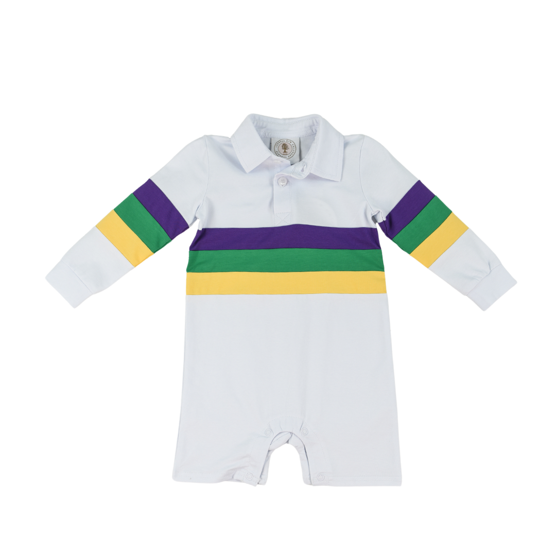 Cypress Row Baby Boys Mardi Gras Rugby Stripes on White Romper