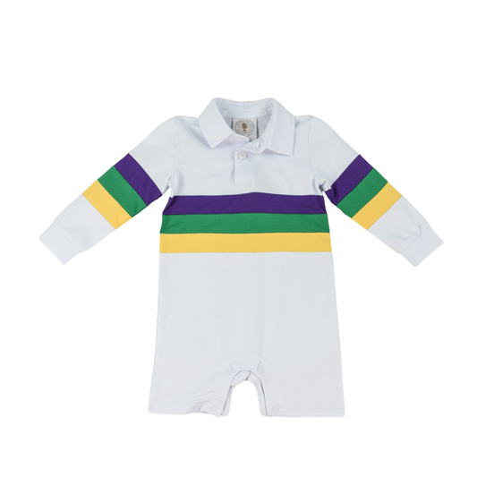 Cypress Row Baby Boys Mardi Gras Rugby Stripes on White Romper