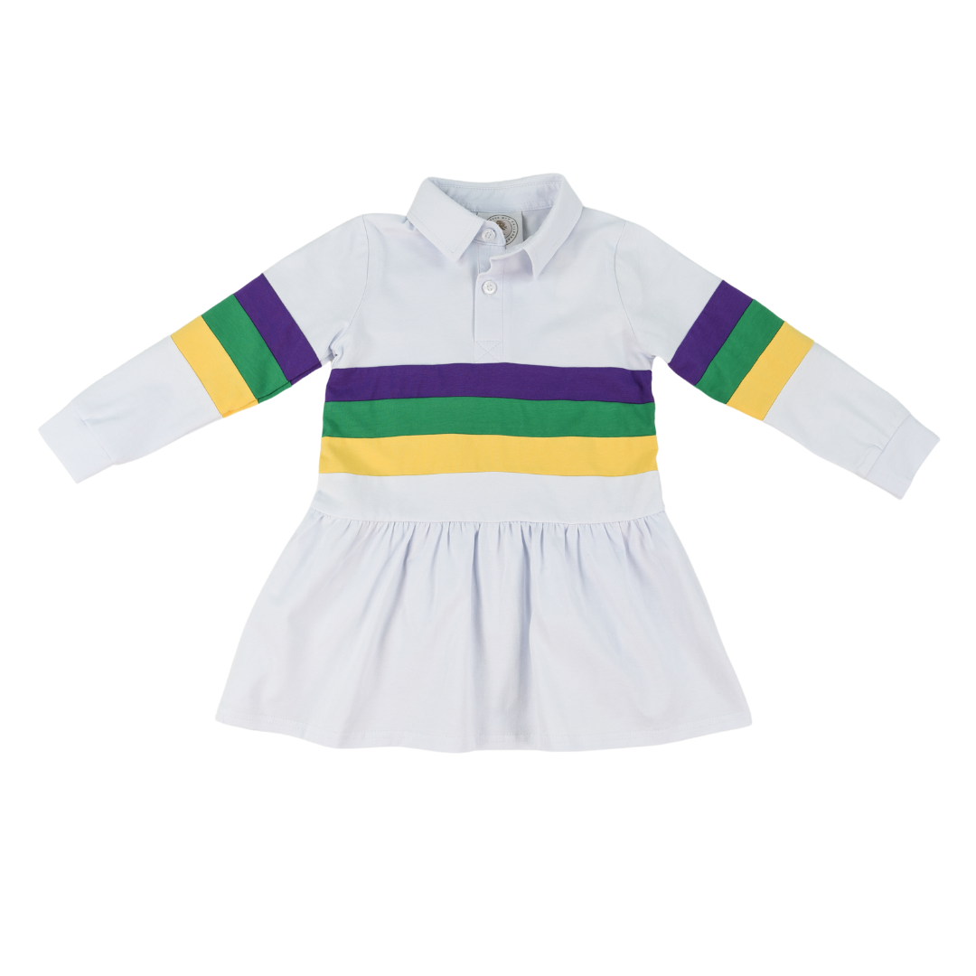Cypress Row Girls Mardi Gras Rugby Stripes On White Dress with Collar