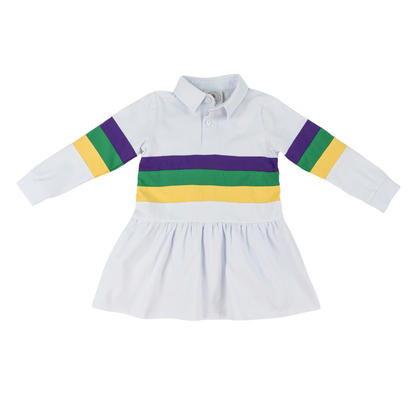 Cypress Row Girls Mardi Gras Rugby Stripes On White Dress with Collar