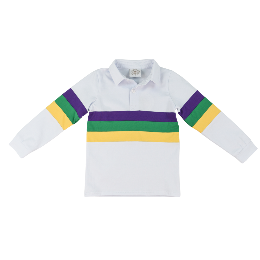 Cypress Row Boys Mardi Gras Rugby Stripes on White Polo Shirt by Cypress Row